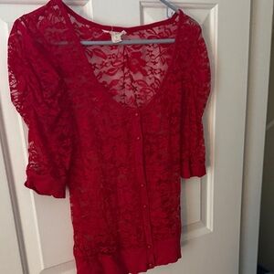 Derek Heart Red Lace Button-Up Blouse